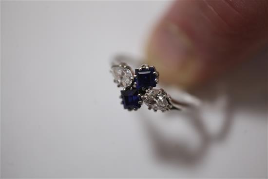 A 1940s white gold, diamond and sapphire ring, size L.